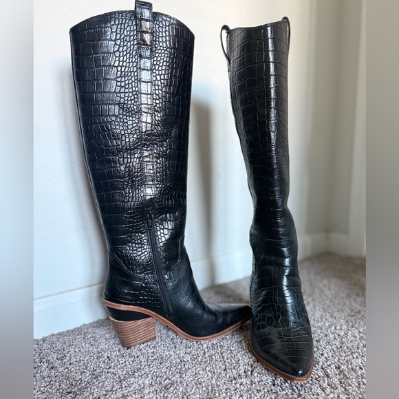 Gianni Bini Heeled Boot Black Alligator Skin Design w/ Brown Trim Knee High - Picture 3 of 10